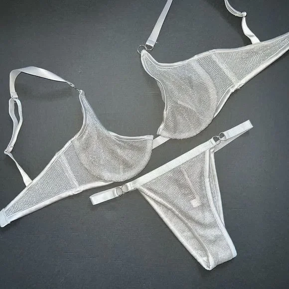 NWT Victoria's Secret unlined 32D BRA SET XS defect itsy panty SILVER gray Chain - Picture 2 of 8